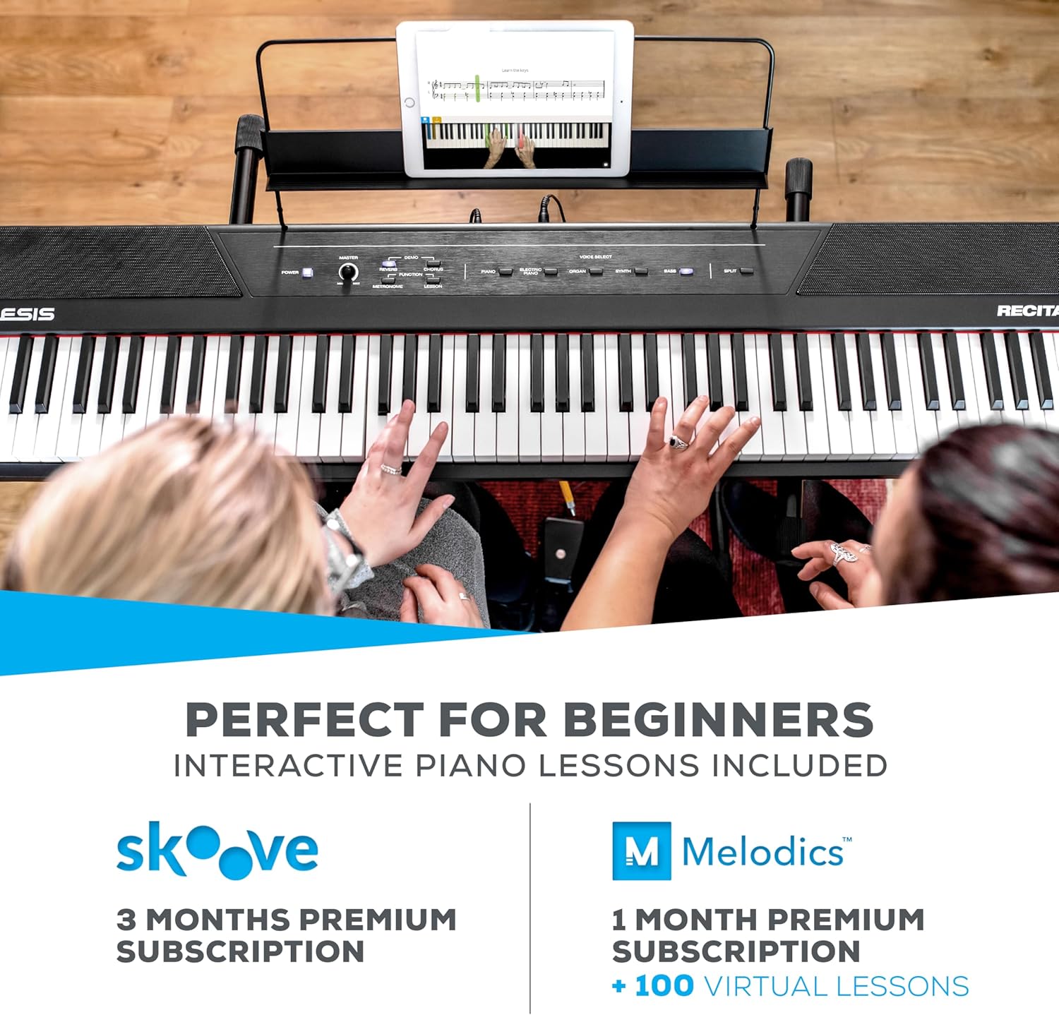 Alesis Recital – 88 Key Digital Piano Keyboard with Semi Weighted Keys, 2x20W Speakers, 5 Voices, Split, Layer and Lesson Mode, FX and Piano Lessons