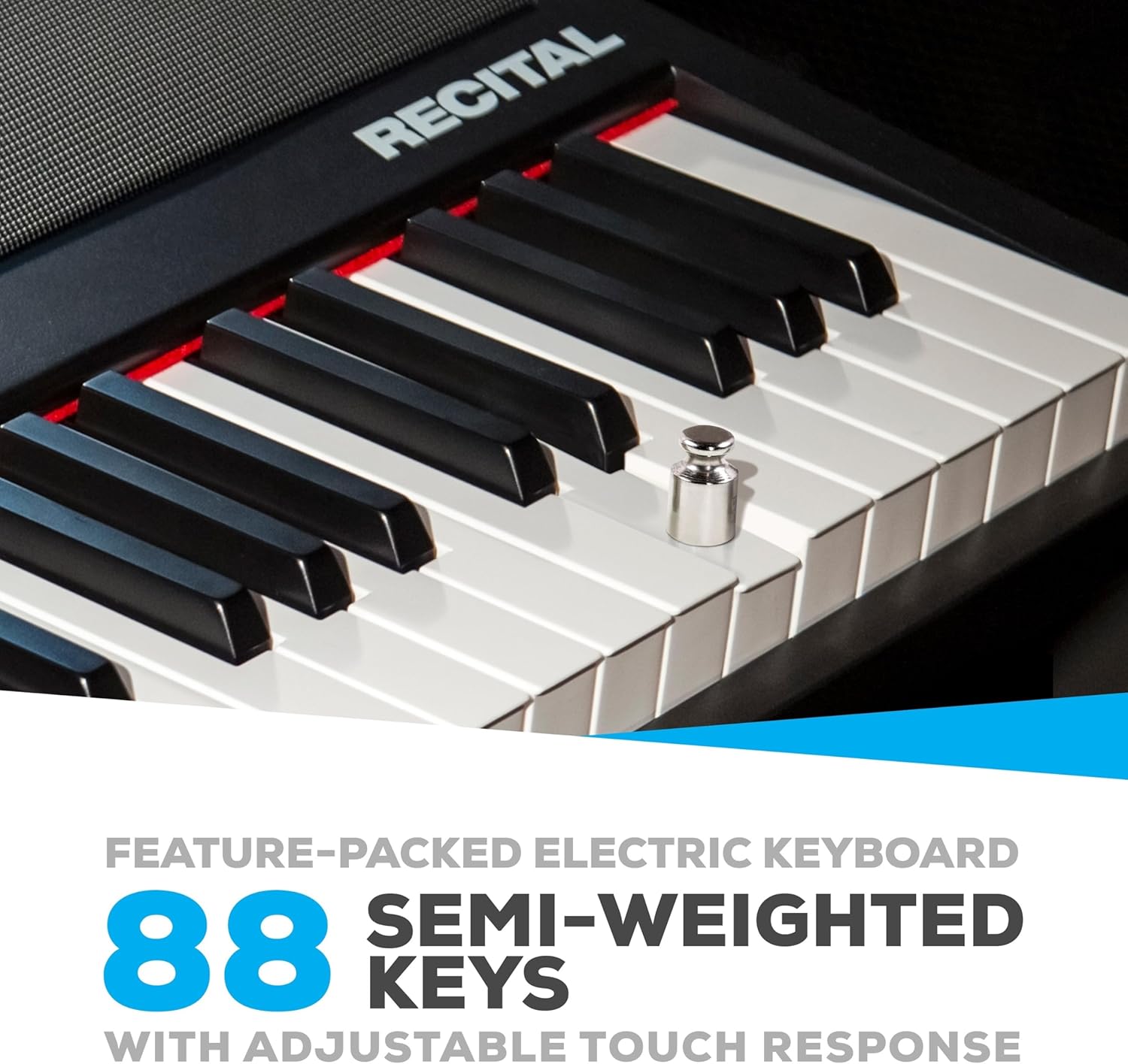 Alesis Recital – 88 Key Digital Piano Keyboard with Semi Weighted Keys, 2x20W Speakers, 5 Voices, Split, Layer and Lesson Mode, FX and Piano Lessons